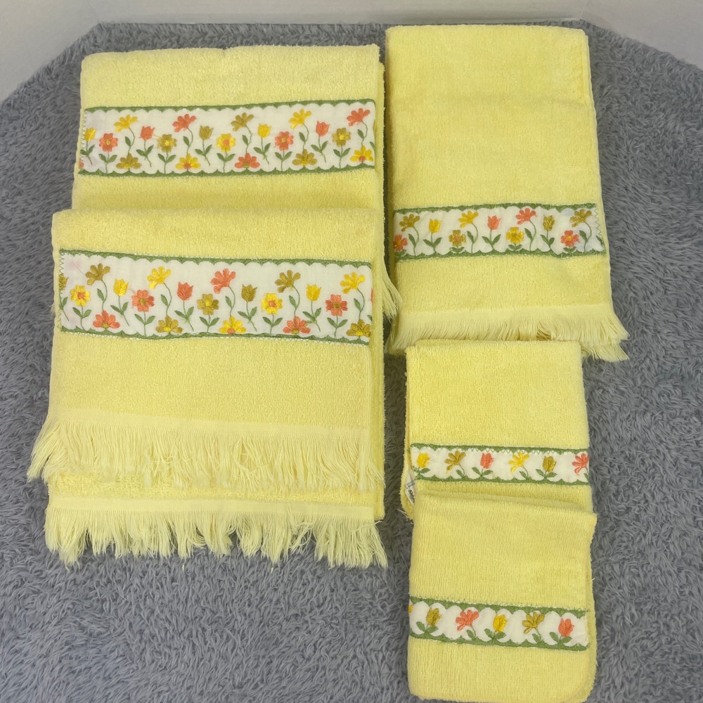 Vintage Cannon Monticello Towel Set Sunshine Yellow Floral Embroidery Fringe 5pc